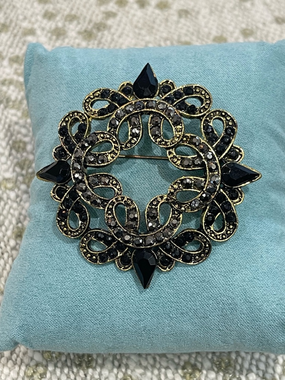 Vintage-Inspired Black Crystal Filigree Brooch
